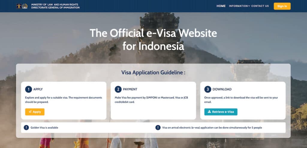 インドネシアのe-Visa公式サイトの画面