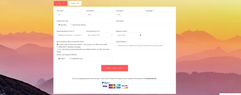 TopOnwardTicketの申し込み画面