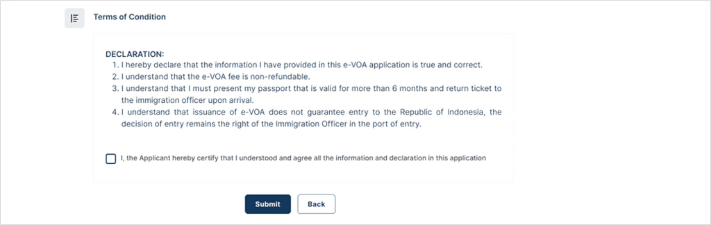 インドネシアのe-Visa(e-VOA)申請サイトの画面