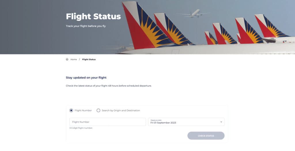 フィリピン航空の運行状況(Flight Status)の確認画面
