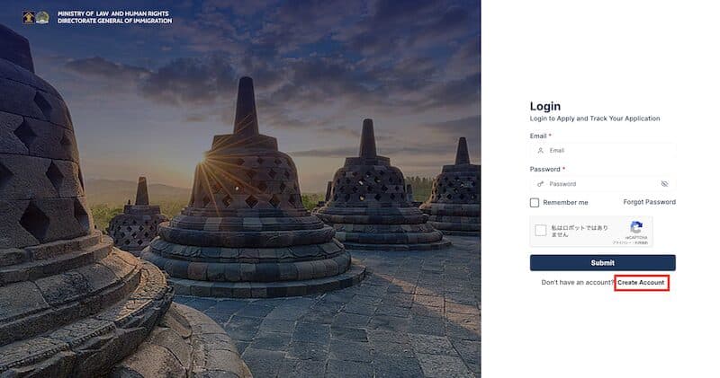 インドネシアのe-Visa(e-VOA)申請サイトの画面