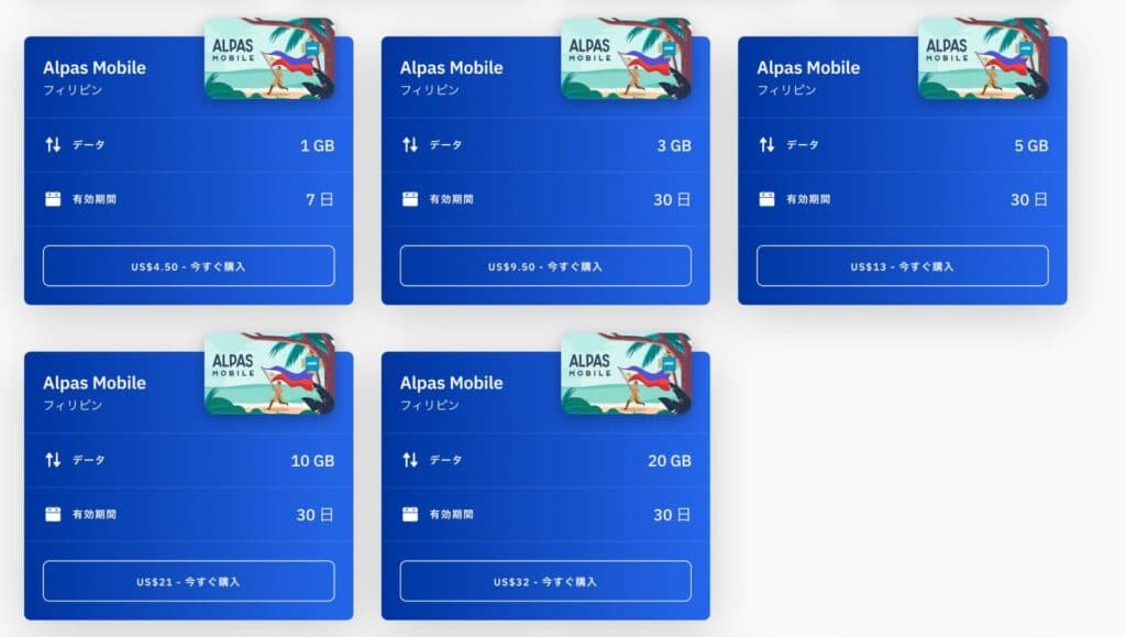AiraloのフィリピンeSIMのプラン一覧の画面