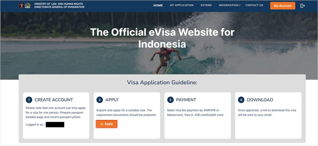 インドネシアのe-Visa(e-VOA)申請サイトの画面