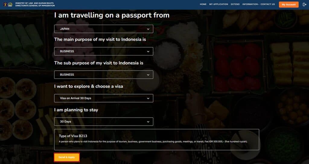 インドネシアのe-Visa(e-VOA)申請サイトの画面